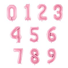 pink balloons in the shape of numbers and numerals are shown on a white background