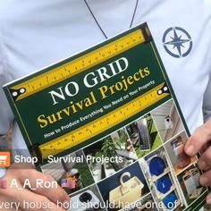 a man holding up a book with pictures on the front and back cover that says no grid survival projects