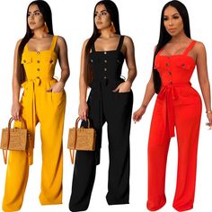 Newest Casual Jumpsuit Sleeveless Long And Wide Legged Polyester/Nylon Black Fitted Sleeveless Overalls, Red Sleeveless Overalls For Summer, Red Sleeveless Summer Overalls, Fitted Sleeveless Overalls, Loose Playsuit, Long Overalls, Beach Jumpsuits, Cheap Jumpsuits, Naija Fashion