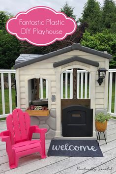 a pink chair sitting on top of a wooden deck