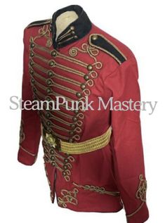 H2/5Black with Red Contrast This is 4 pcs Military Officers ceremonial heavy cotton jacket with antique Gold braids with red Contrast and Trims at chest and cuffs, it has brass buttons  & Distressed copper shoulder accessories, Waist  Belt has metal antique look buckle. Please note it’s free size belt with adjustable adjuster can fit up 28”- 46”Please refer to the photos. Sizes are available To S to fit 40” chest - sold To M to fit 42” chest - sold L - To Fit size 44”XL - to Fit size 46”XXL Fitted Red Outerwear For Festival, Red Ceremonial Winter Outerwear, Ceremonial Red Winter Outerwear, Vintage Red Outerwear For Costume Party, Red Vintage Outerwear For Costume Party, Fitted Red Ceremonial Outerwear, Fitted Red Outerwear For Ceremonial Occasions, Red Military Long Sleeve Outerwear, Traditional Red Costume Outerwear