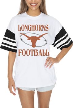 Design Short sleeve, crew-neck t-shirt Feminine fit Style and Team Spirit Screen-printed team graphics Additional Details Machine washable Officially licensed product Texas Football, Gameday Couture, Mesh T Shirt, Texas Longhorns, White Mesh, Fit Style, Team Spirit, Ncaa, Neck T Shirt