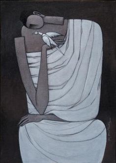 a painting of a person wrapped in a blanket with a bird perched on top of it