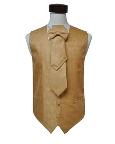 Brand new gold color paisley vest set with vest ,tie, hankie and bow tie size ( M ) match suit size 38 or 40 . there are adjustable belt at the back part . Yellow Gold Color, Vest Set, Adjustable Belt, Vest Dress, Bow Tie, Vest Jacket, Gold Color, Dream Wedding, Paisley