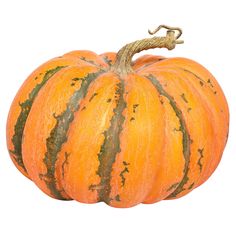 an orange and green striped pumpkin on a white background with clippings to the side