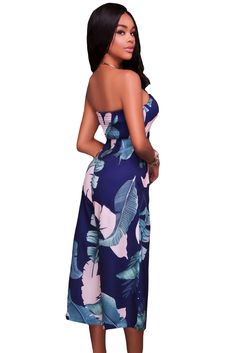 Dark Blue Leaf Print Strapless Capris Jumpsuit Blue Strapless Sleeveless Jumpsuit For Vacation, Blue Strapless Jumpsuit For Vacation, Blue Strapless Jumpsuit For Spring Vacation, Blue Strapless Jumpsuit For Summer, Blue Fitted Strapless Jumpsuit For Beach, Fitted Blue Strapless Jumpsuit For Beach, Casual Blue Strapless Jumpsuits And Rompers, Blue Strapless Jumpsuit For Summer Beach, Blue Strapless Jumpsuit For The Beach