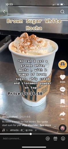 an ice cream sundae is shown on the menu for starbucks's brown sugar white coffee