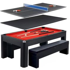 two tables with ping pong paddles on top and a pool table in the middle