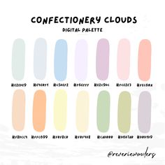 the color chart for confectionery clouds, with different colors and font on it