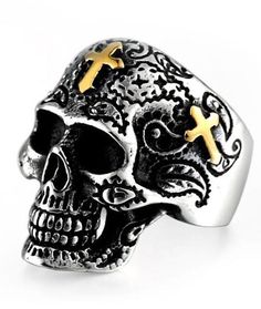 iron cross skull ring Skeleton Ring, Gothic Crosses, Biker Jewelry, Biker Rings, Skull Fashion, Big Rings, Vintage Gothic, Style Punk, Skull Earrings