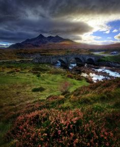 a bridge over a small stream in the middle of a field with mountains in the background