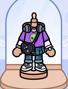 a cartoon character is standing in front of a glass case with his hands on his hips