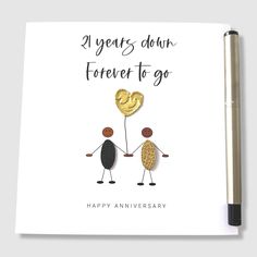 "21st Wedding Anniversary Card - 21 Years Down Forever To Go Brass Wedding Anniversary Wife Husband Him Her. This 21st Wedding Anniversary card - 21 years down forever to go - is designed with an ethnic stick couple holding a real brass hammered heart balloon.  Each little person is embellished with genuine leather, vegan cork leather or vegan faux leather clothing, the colours of which will be picked at random and will vary from card to card and the sample image in this listing.  The inside of Stick Couple, Wedding Anniversary Wife, Brass Wedding, 21st Wedding Anniversary, Faux Leather Outfits, 21st Anniversary, Daughter Birthday Cards, Wedding Anniversary Card, Leather Clothing