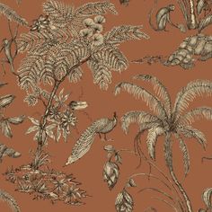 a brown and tan wallpaper with plants and birds on it's side,