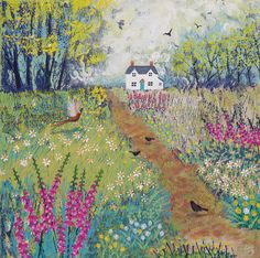 a painting of a house in the middle of a field with flowers and birds flying around