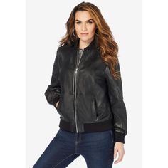 Our classic leather bomber, updated in a new, softer leather. The key jacket every closet needs, this sporty shape will step up any outfit. Fully lined, with rib knit collar, rib sleeves and bottom hem, zip front closure, and side pockets. Black Leather Jacket With Ribbed Collar, Casual Leather Jacket With Ribbed Collar, Sporty Fitted Leather Jacket For Fall, Classic Leather Jacket With Ribbed Collar For Fall, Fitted Leather Jacket With Ribbed Cuffs, Fall Leather Jacket With Ribbed Collar, Fall Leather Jacket With Ribbed Cuffs, Classic Fall Biker Jacket With Ribbed Cuffs, Classic Leather Jacket With Ribbed Collar For Winter