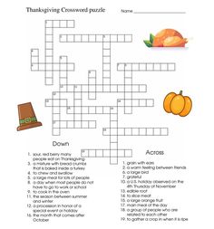 thanksgiving crossword puzzle with pumpkins, pilgrim hat and other things to do on it