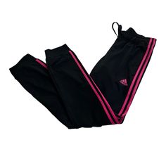 Adidas Black With Pink Stripes Track Pants Fitted Pink Adidas Activewear, Fitted Pink Adidas Bottoms, Adidas Pink Sports Bottoms, Pink Adidas Sports Bottoms, Adidas Fitted Sweatpants, Black Adidas Activewear For Loungewear, Pink Stretch Adidas Bottoms, Adidas Stretch Pants With Elastic Waistband, Fitted Black Adidas Pants