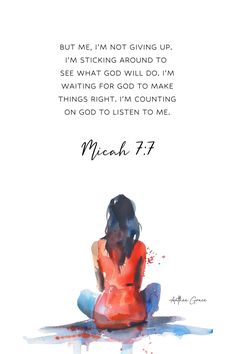 a woman sitting on the ground in front of a white background with an open bible verse