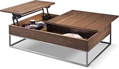 a coffee table with an open drawer on the bottom and two tables below it that are connected to each other