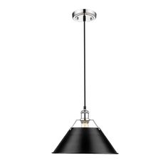 a black and white light hanging from a ceiling fixture with a metal cone on the bottom