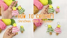 crochet christmas tree ornaments are being made with yarn and cotton, including pine cones