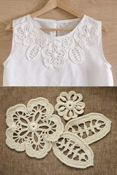 crocheted doily on a wooden hanger next to an image of lace doilies