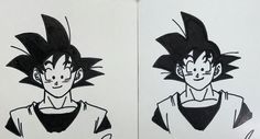 two black and white drawings of the same character, one with an evil look on his face