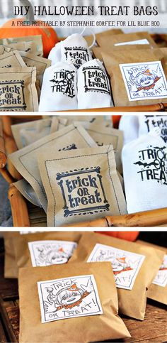 several bags with different designs on them and the words trick or treat printed on them