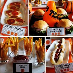 several pictures of hot dogs, french fries and pizzas on display at a sports themed party