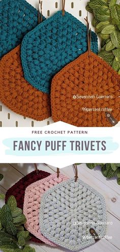 Crochet Puff Stitch Trivets Crochet Fall Hot Pads, Handmade Trivets Hot Pads, Crochet Puff Stitch Pattern, Crochet Cotton Potholders, Christmas Crochet Trivet, Crochet Trivet Pattern Free, Crochet Leaf Hot Pad, Chunky Crochet Potholders, Crochet Granny Square Potholder