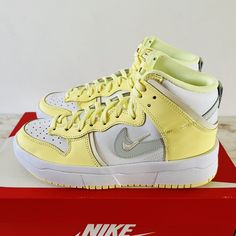 Size W 7 / M 5.5 Pet Free & Smoke Free Environment. Yellow Custom Sneakers For Spring, Yellow Sporty Custom Sneakers For Spring, Sporty Yellow Custom Sneakers For Spring, Yellow High-top Sneakers For Spring, Custom Yellow Lace-up Sneakers For Spring, Yellow Lace-up Custom Sneakers For Spring, Nike Custom Yellow High-top Sneakers, Nike Custom High-top Sneakers In Yellow, Nike High-top Custom Sneakers In Neon Yellow