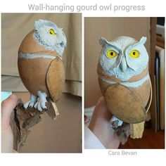 two pictures of an owl sitting on top of a piece of wood with yellow eyes