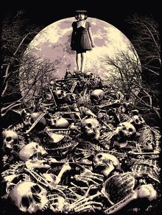 a woman standing on top of a pile of skulls in front of a full moon