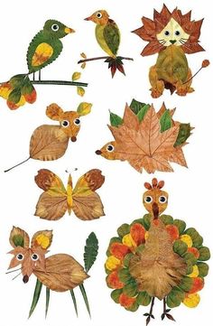 a bunch of leaves that have animals and birds on them in the shape of flowers