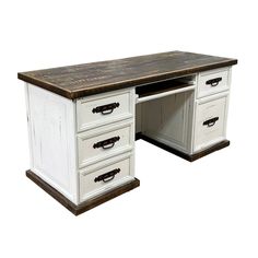 a white desk with two drawers and a wooden top