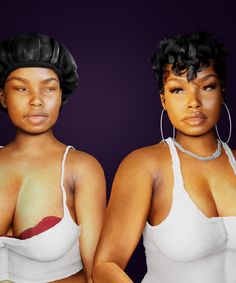 two black women wearing white bras, one with her breast exposed and the other without