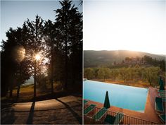 the sun shines brightly through the trees near an outdoor swimming pool and patio area