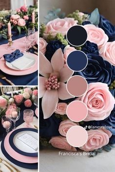 the table is set with pink and blue flowers, candles, and place settings for an elegant dinner party