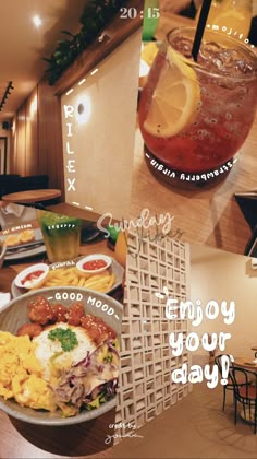 a collage of photos with food and drinks on the table in front of them