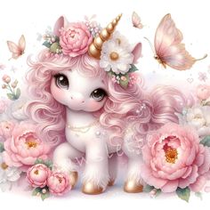 a pink unicorn with flowers and butterflies on its head sitting in front of some peonies