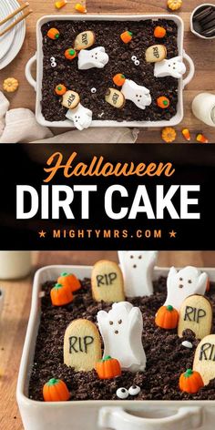 halloween dirt cake in a white baking pan on a wooden table