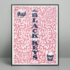 a pink and black poster with skulls on it's sides, against a gray background