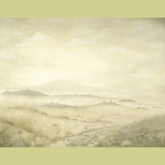 a painting of a foggy landscape with hills in the distance