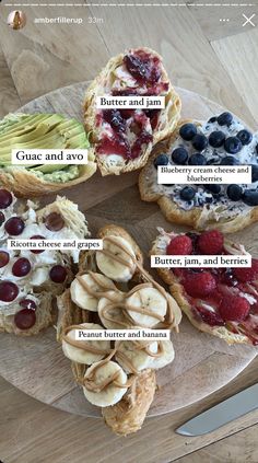 a wooden plate topped with different types of pastries