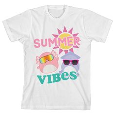 Dive into the vibrant world of Squishmallows with this youth white crew neck short sleeve t-shirt, radiating "Summer Vibes" with Archie the Axolotl and Sky the Squid donning sunglasses under a bright sun. Crafted from sustainably and fairly grown USA cotton, this tee brings both comfort and eco-consciousness to your little one's wardrobe. Machine washable on cold with like colors with a tumble dry on low heat, this shirt ensures that summer adventures stay breezy and stylish. White Fun T-shirt For Summer, Summer Beach T-shirt With Cartoon Print, Summer Cartoon Print T-shirt For The Beach, Playful Tops With Sublimation Print For Summer, Funny Multicolor Summer T-shirt, Funny Multicolor T-shirt For Summer, Cute White T-shirt For Beach Season, Funny Pre-shrunk T-shirt For Summer, Fun White T-shirt For Beach Season