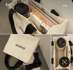 the inside of a canvas bag with coffee cups and pens in it, along with an open zippered compartment