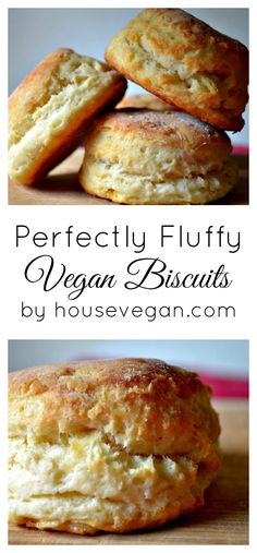 two pictures of biscuits with the words perfectly fluffy vegan biscuits