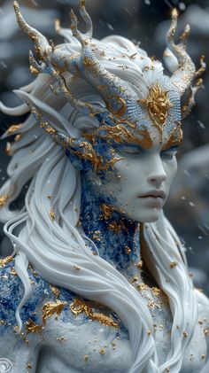 a white and blue statue with gold decorations on it's face in the snow