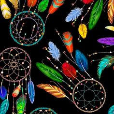 a black background with colorful feathers and beaded dream catchers on the top right side